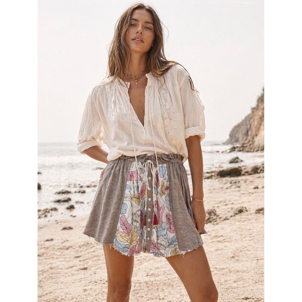 Free People Floral Mini Skirt Small Mixed Media Tassel Boho Frayed Beachy Flowy‎